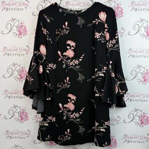 Leith mini dress or long top bell bottom sleeve Black Dress Pink Floral Design